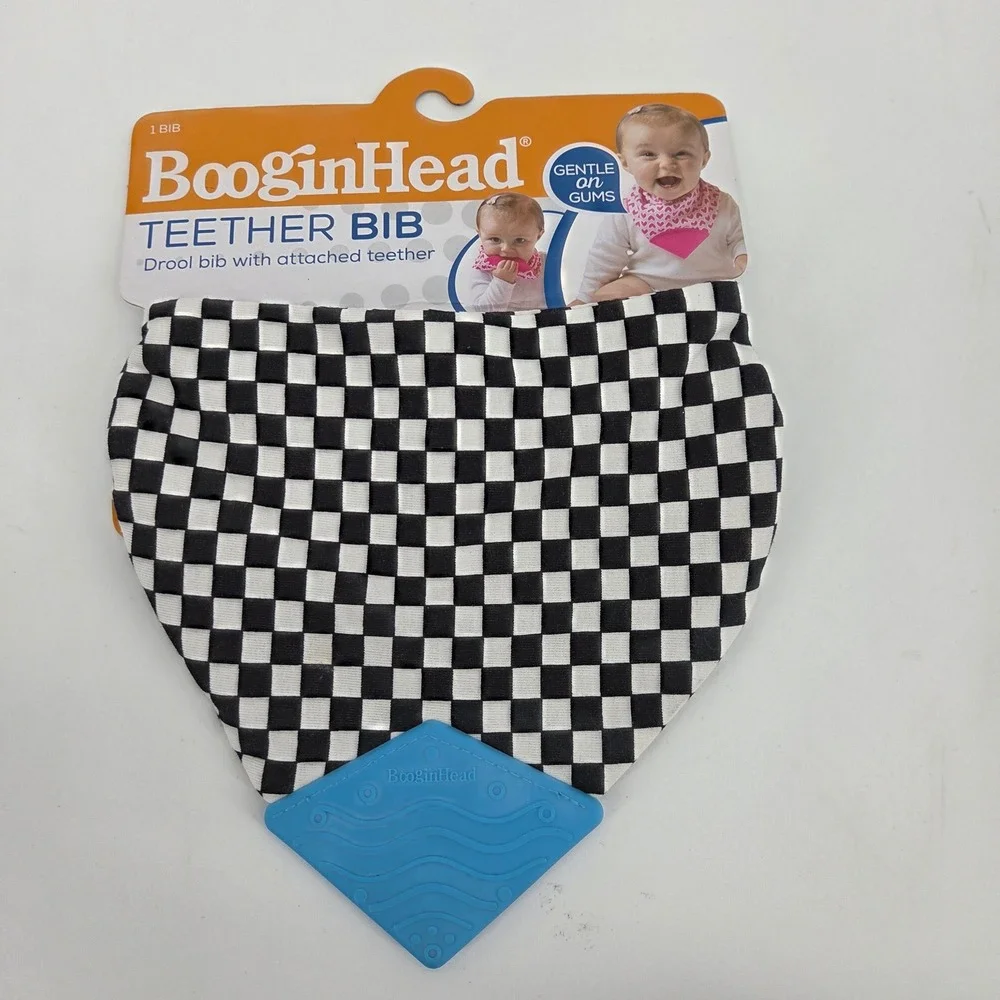 BooginHead Black White Checkered Teether Bib Drool Bib Attached Silicone Teether